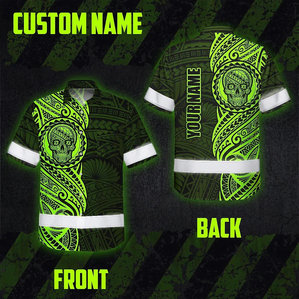 Hi Vis Hawaiian Shirt Reflective Tapes Green Neon Polynesian And Skull Custom Name Safety Workwear For Workers, Truckers, Operators