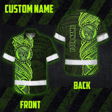 Hi Vis Hawaiian Shirt Reflective Tapes Green Neon Polynesian And Skull Custom Name Safety Workwear For Workers, Truckers, Operators