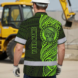 Hi Vis Hawaiian Shirt Reflective Tapes Green Neon Polynesian And Skull Custom Name Safety Workwear For Workers, Truckers, Operators