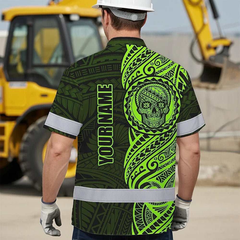 Hi Vis Hawaiian Shirt Reflective Tapes Green Neon Polynesian And Skull Custom Name Safety Workwear For Workers, Truckers, Operators