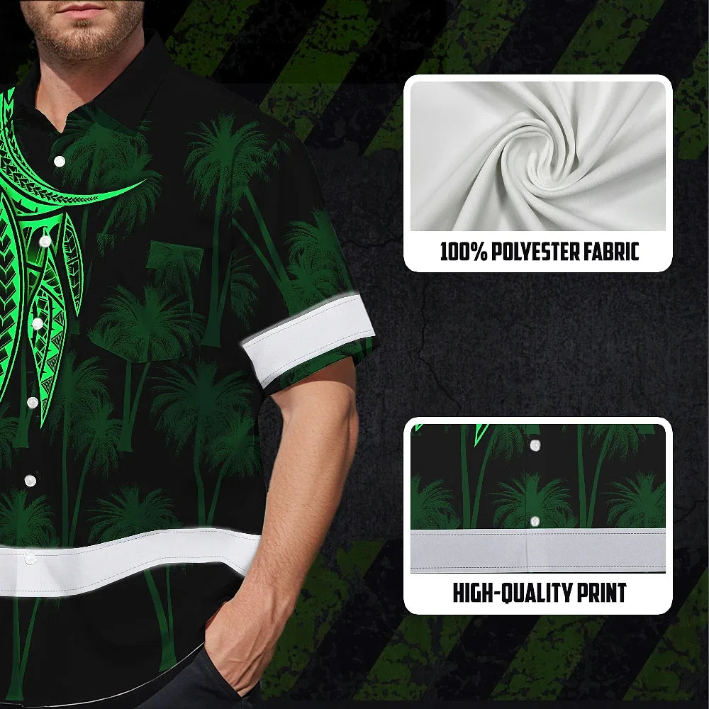 Hi Vis Hawaiian Shirt Reflective Tapes Green Neon Polynesian Custom Name Safety Workwear For Workers, Truckers, Operators