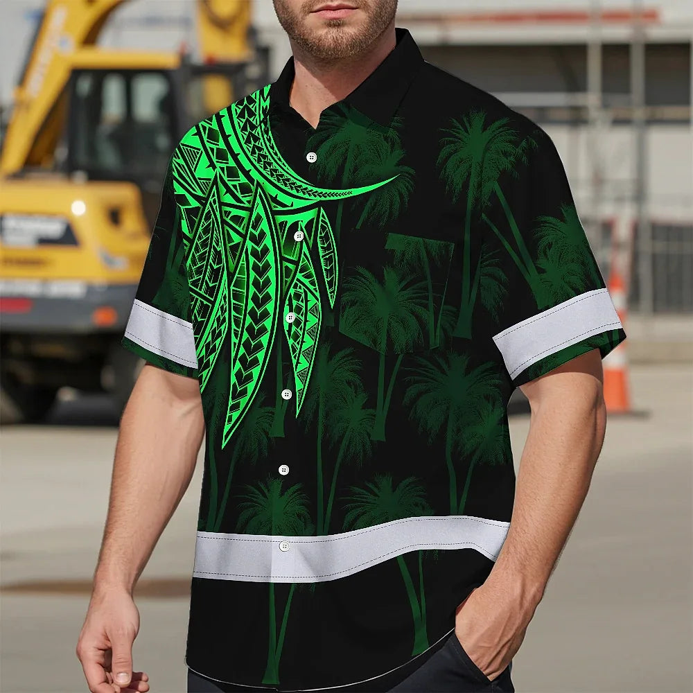 Hi Vis Hawaiian Shirt Reflective Tapes Green Neon Polynesian Custom Name Safety Workwear For Workers, Truckers, Operators