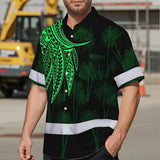 Hi Vis Hawaiian Shirt Reflective Tapes Green Neon Polynesian Custom Name Safety Workwear For Workers, Truckers, Operators