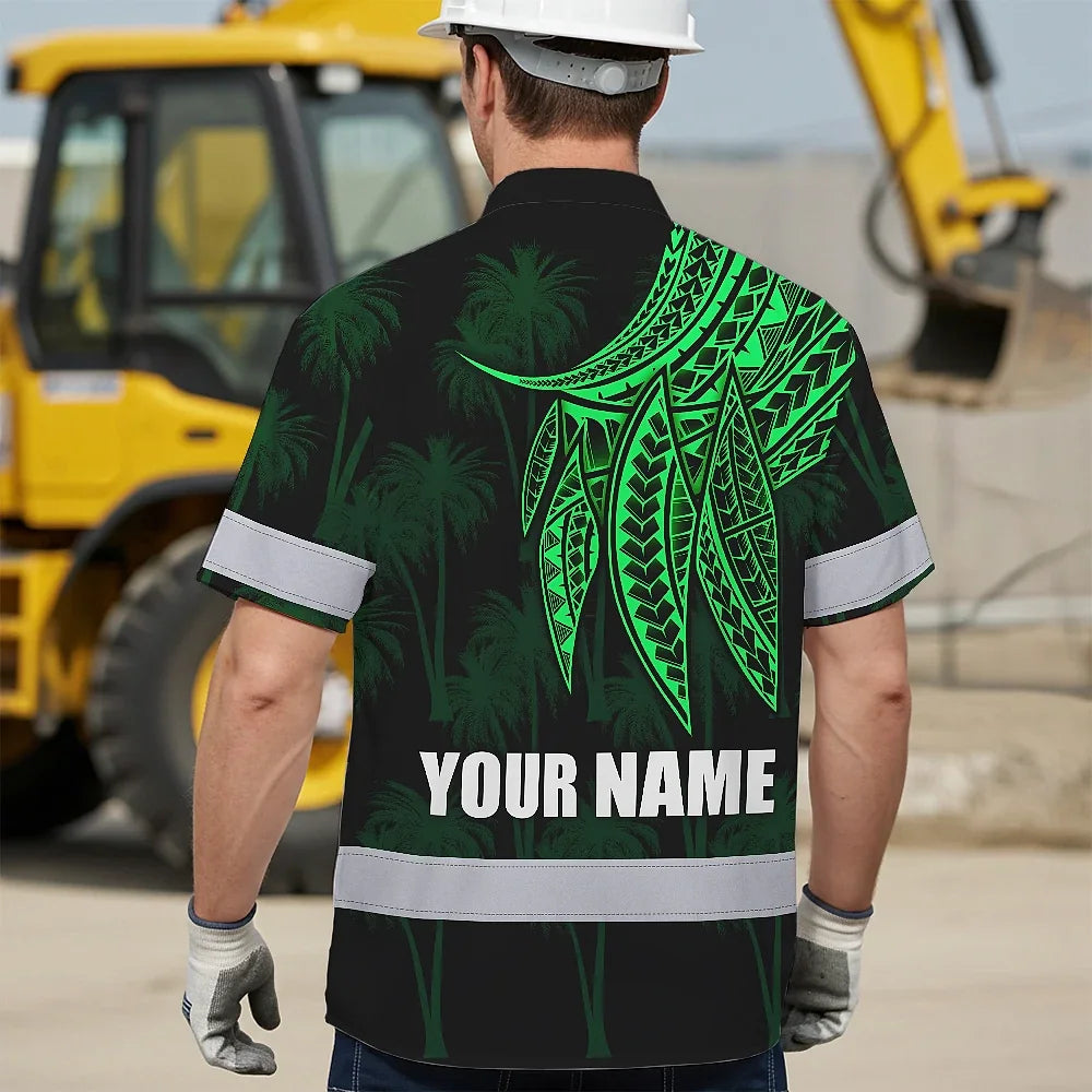 Hi Vis Hawaiian Shirt Reflective Tapes Green Neon Polynesian Custom Name Safety Workwear For Workers, Truckers, Operators
