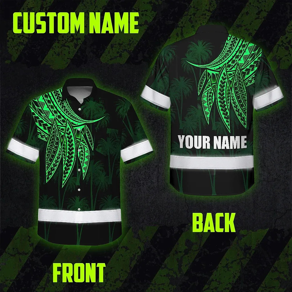 Hi Vis Hawaiian Shirt Reflective Tapes Green Neon Polynesian Custom Name Safety Workwear For Workers, Truckers, Operators