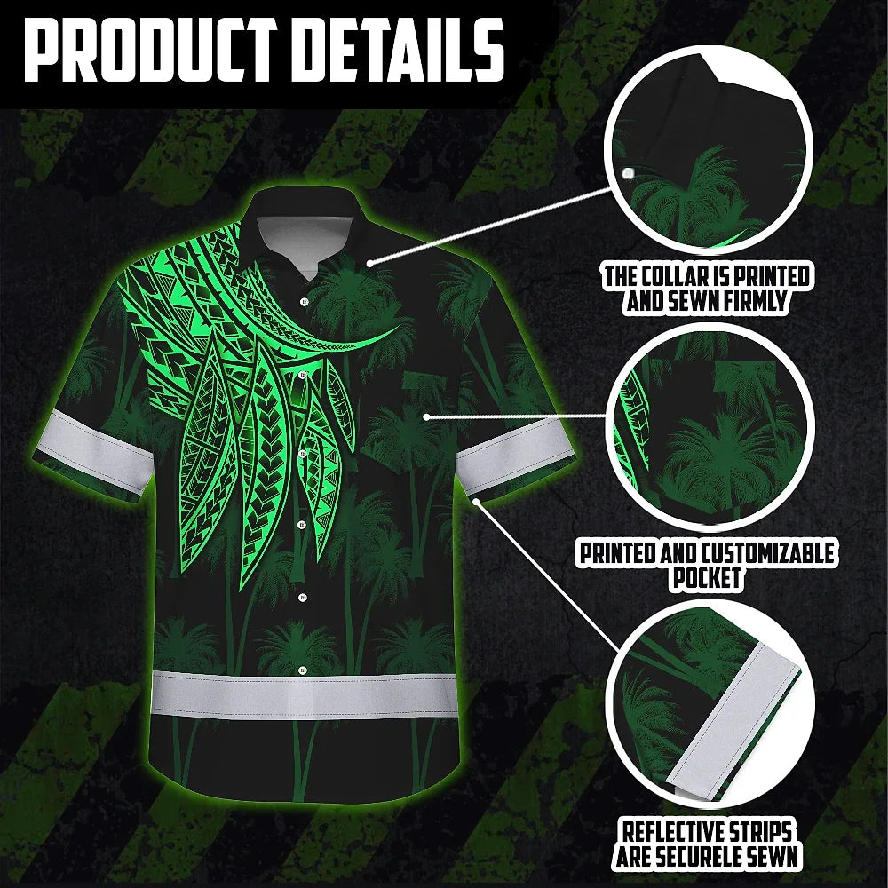 Hi Vis Hawaiian Shirt Reflective Tapes Green Neon Polynesian Custom Name Safety Workwear For Workers, Truckers, Operators