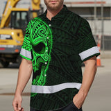 Hi Vis Hawaiian Shirt Reflective Tapes Green Neon Polynesian Half Skull Custom Name Safety Workwear For Workers, Truckers, Operators