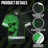 Hi Vis Hawaiian Shirt Reflective Tapes Green Neon Polynesian Half Skull Custom Name Safety Workwear For Workers, Truckers, Operators