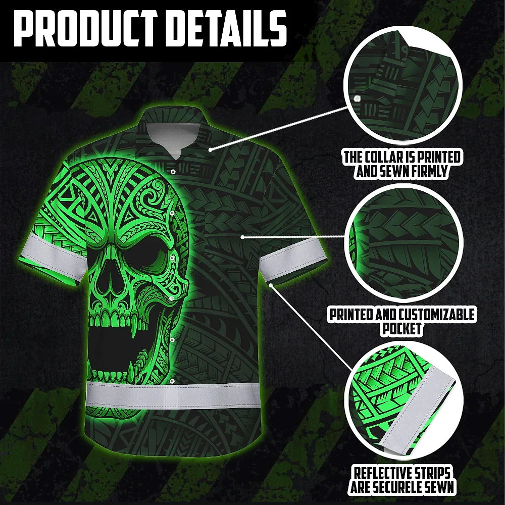 Hi Vis Hawaiian Shirt Reflective Tapes Green Neon Polynesian Half Skull Custom Name Safety Workwear For Workers, Truckers, Operators