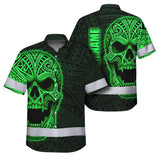 Hi Vis Hawaiian Shirt Reflective Tapes Green Neon Polynesian Half Skull Custom Name Safety Workwear For Workers, Truckers, Operators