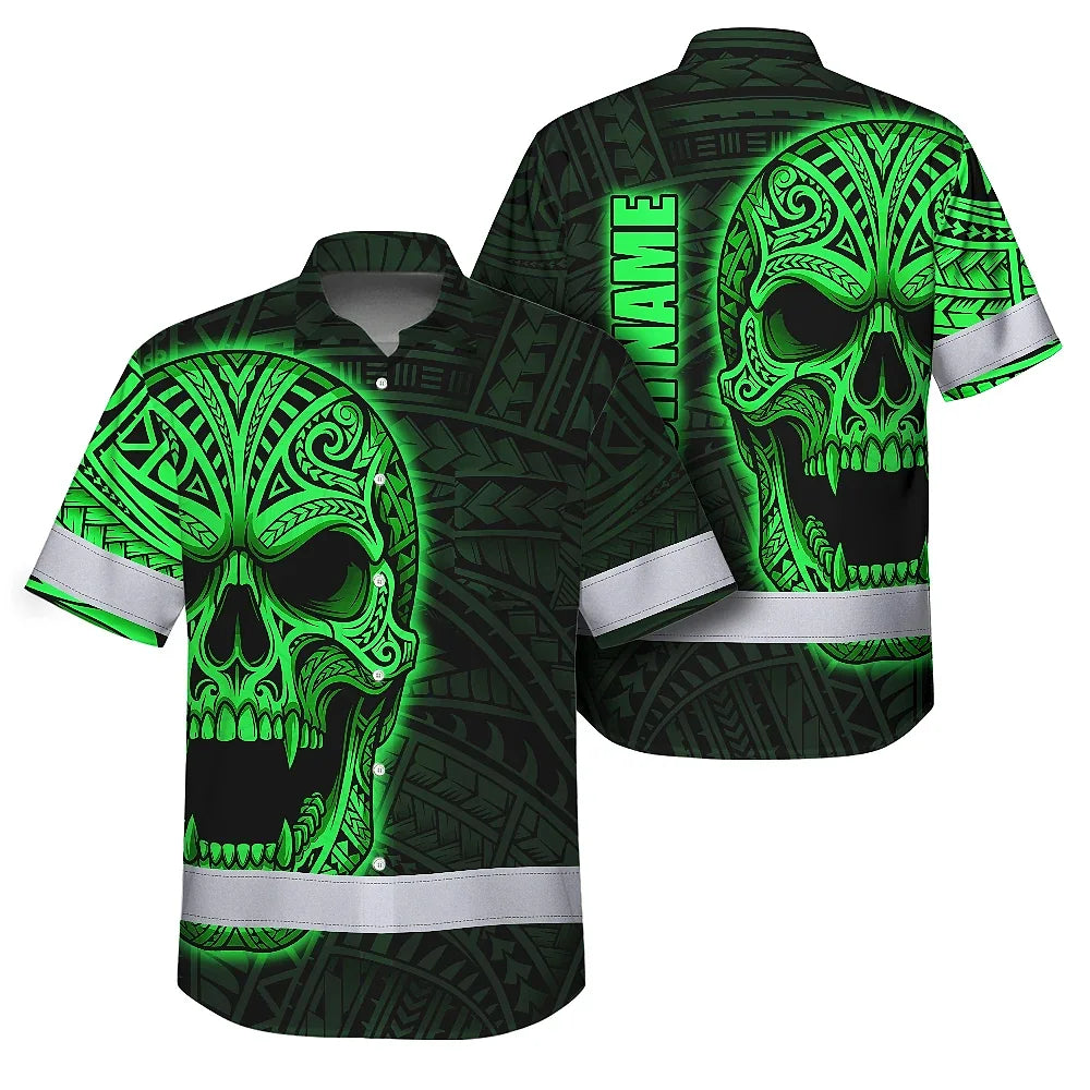 Hi Vis Hawaiian Shirt Reflective Tapes Green Neon Polynesian Half Skull Custom Name Safety Workwear For Workers, Truckers, Operators
