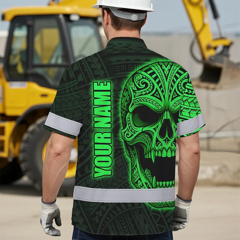 Hi Vis Hawaiian Shirt Reflective Tapes Green Neon Polynesian Half Skull Custom Name Safety Workwear For Workers, Truckers, Operators
