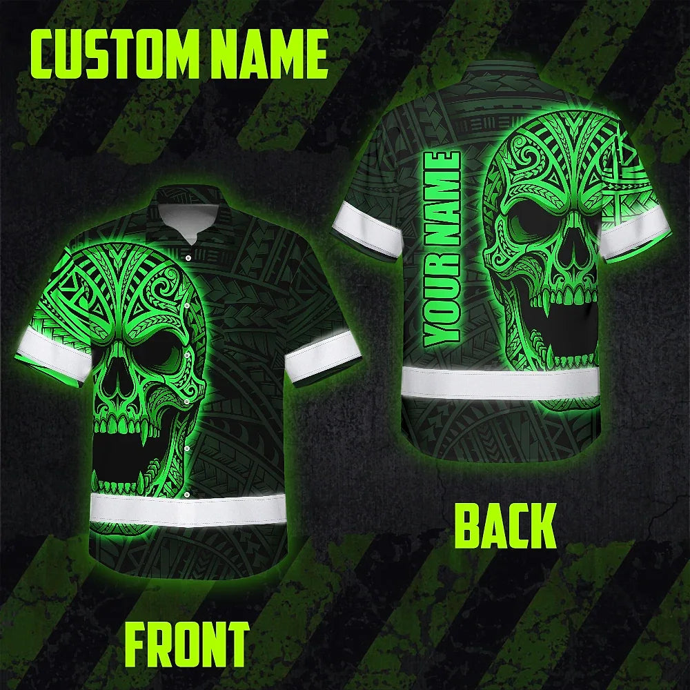 Hi Vis Hawaiian Shirt Reflective Tapes Green Neon Polynesian Half Skull Custom Name Safety Workwear For Workers, Truckers, Operators