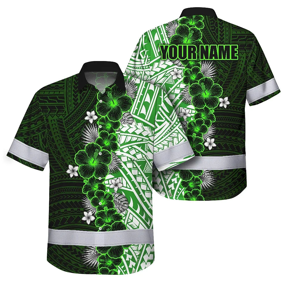 Hi Vis Hawaiian Shirt Reflective Tapes Green Neon Polynesian Tribal Flowers Custom Name Safety Workwear For Workers, Truckers, Operators