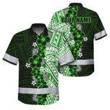 Hi Vis Hawaiian Shirt Reflective Tapes Green Neon Polynesian Tribal Flowers Custom Name Safety Workwear For Workers, Truckers, Operators