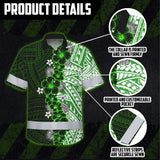 Hi Vis Hawaiian Shirt Reflective Tapes Green Neon Polynesian Tribal Flowers Custom Name Safety Workwear For Workers, Truckers, Operators