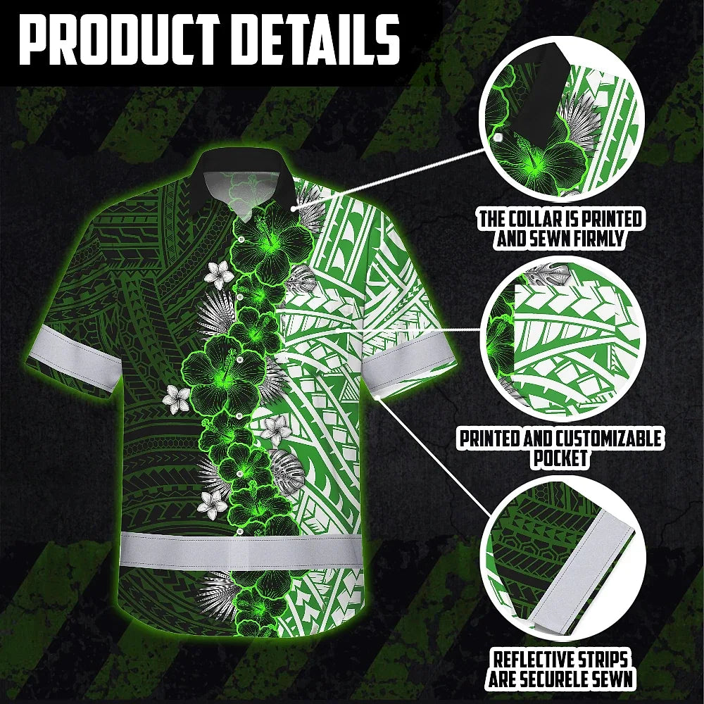 Hi Vis Hawaiian Shirt Reflective Tapes Green Neon Polynesian Tribal Flowers Custom Name Safety Workwear For Workers, Truckers, Operators