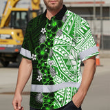 Hi Vis Hawaiian Shirt Reflective Tapes Green Neon Polynesian Tribal Flowers Custom Name Safety Workwear For Workers, Truckers, Operators