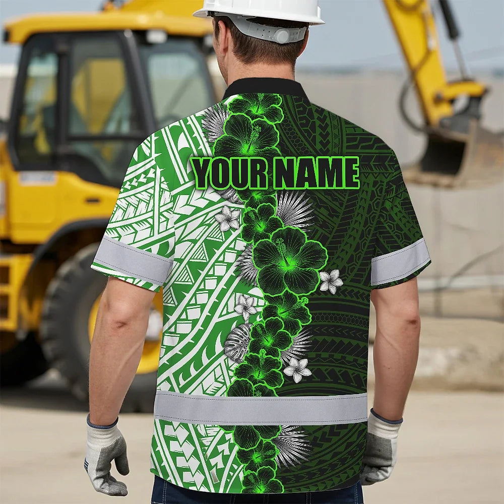 Hi Vis Hawaiian Shirt Reflective Tapes Green Neon Polynesian Tribal Flowers Custom Name Safety Workwear For Workers, Truckers, Operators