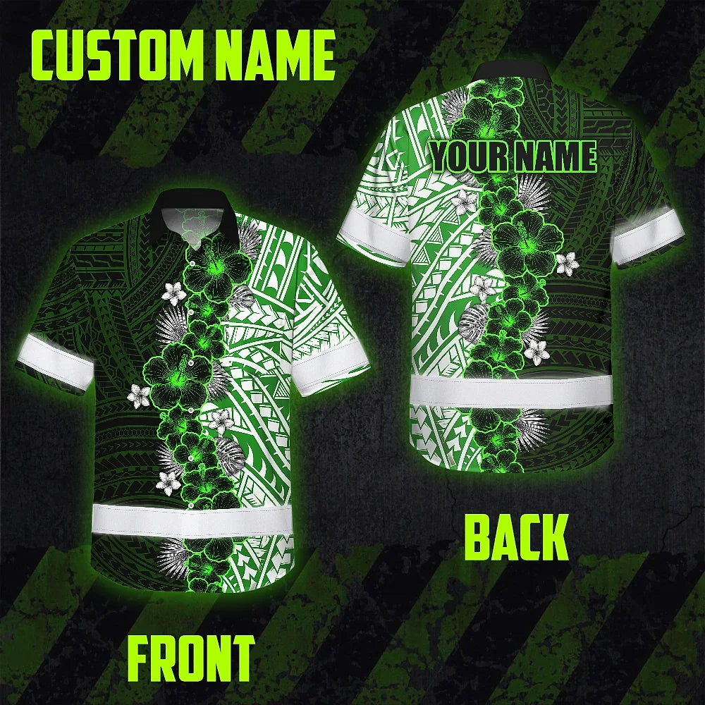 Hi Vis Hawaiian Shirt Reflective Tapes Green Neon Polynesian Tribal Flowers Custom Name Safety Workwear For Workers, Truckers, Operators
