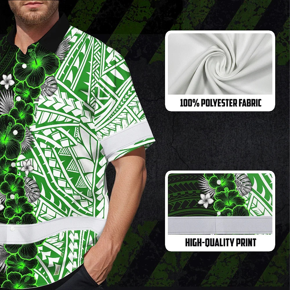 Hi Vis Hawaiian Shirt Reflective Tapes Green Neon Polynesian Tribal Flowers Custom Name Safety Workwear For Workers, Truckers, Operators