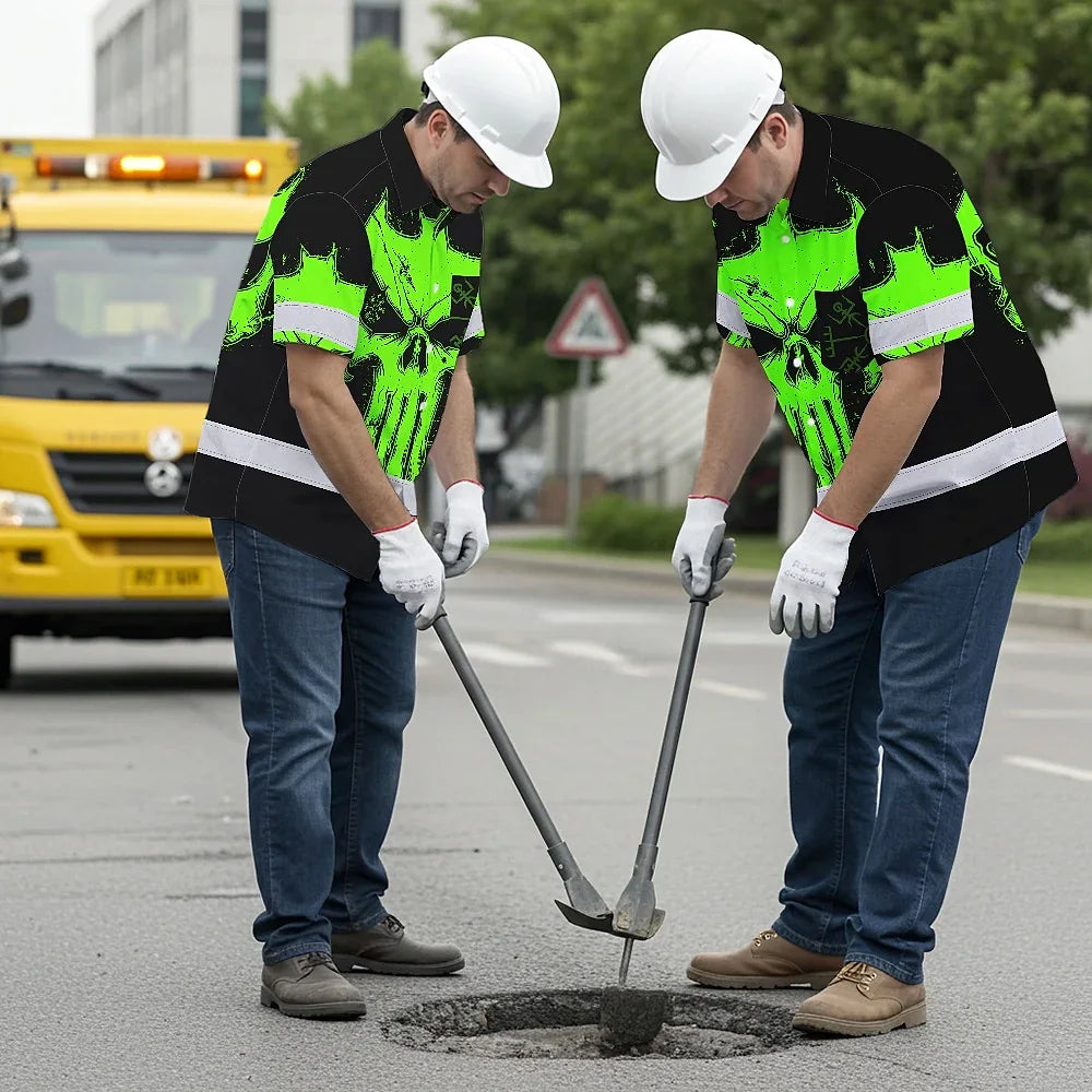 Hi Vis Hawaiian Shirt Reflective Tapes Green Neon Skull 2 Custom Name Safety Workwear For Workers, Truckers, Operators