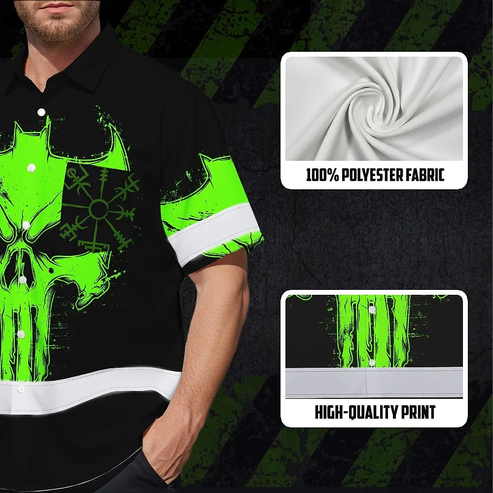 Hi Vis Hawaiian Shirt Reflective Tapes Green Neon Skull 2 Custom Name Safety Workwear For Workers, Truckers, Operators