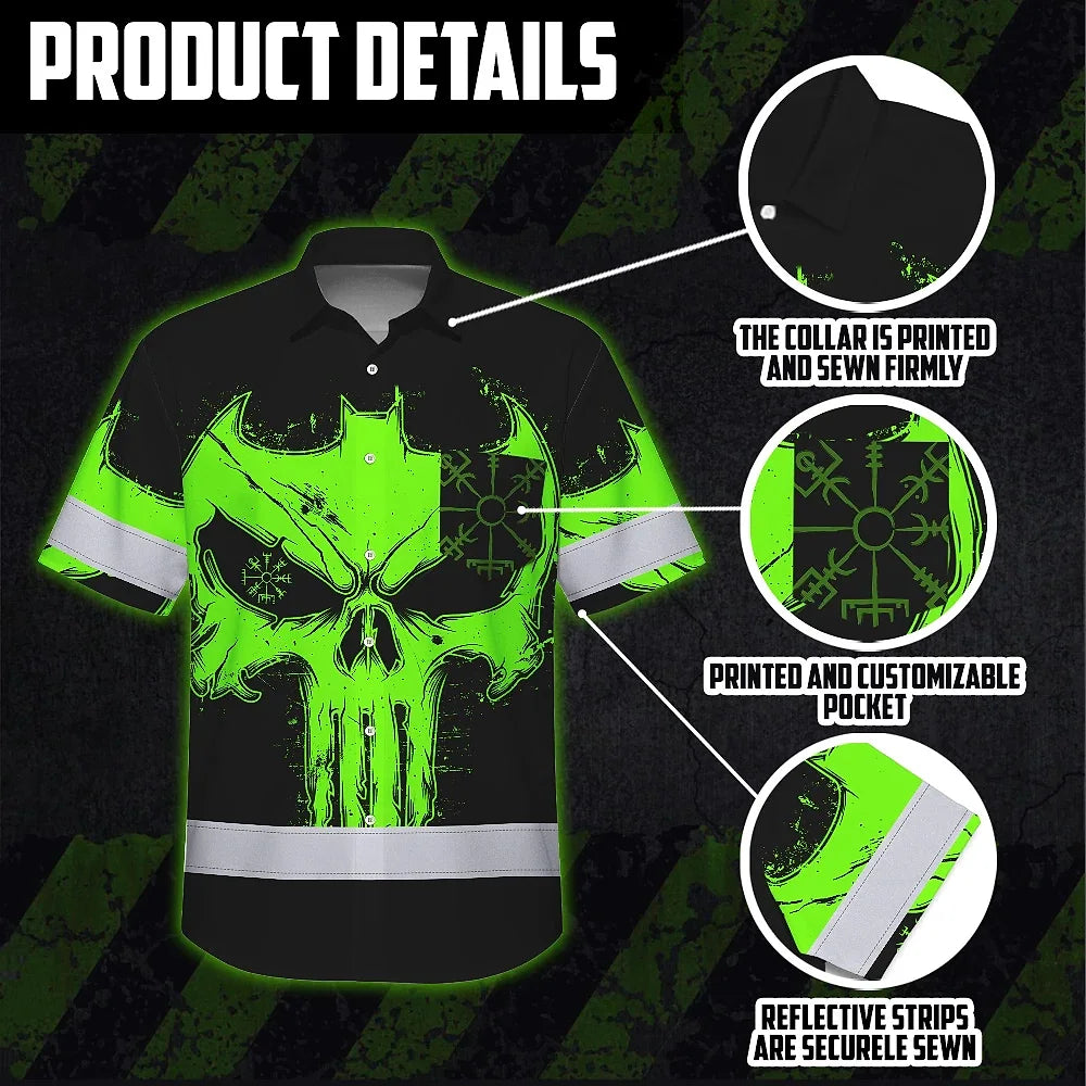 Hi Vis Hawaiian Shirt Reflective Tapes Green Neon Skull 2 Custom Name Safety Workwear For Workers, Truckers, Operators