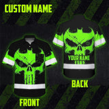 Hi Vis Hawaiian Shirt Reflective Tapes Green Neon Skull 2 Custom Name Safety Workwear For Workers, Truckers, Operators