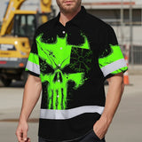 Hi Vis Hawaiian Shirt Reflective Tapes Green Neon Skull 2 Custom Name Safety Workwear For Workers, Truckers, Operators