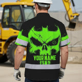 Hi Vis Hawaiian Shirt Reflective Tapes Green Neon Skull 2 Custom Name Safety Workwear For Workers, Truckers, Operators