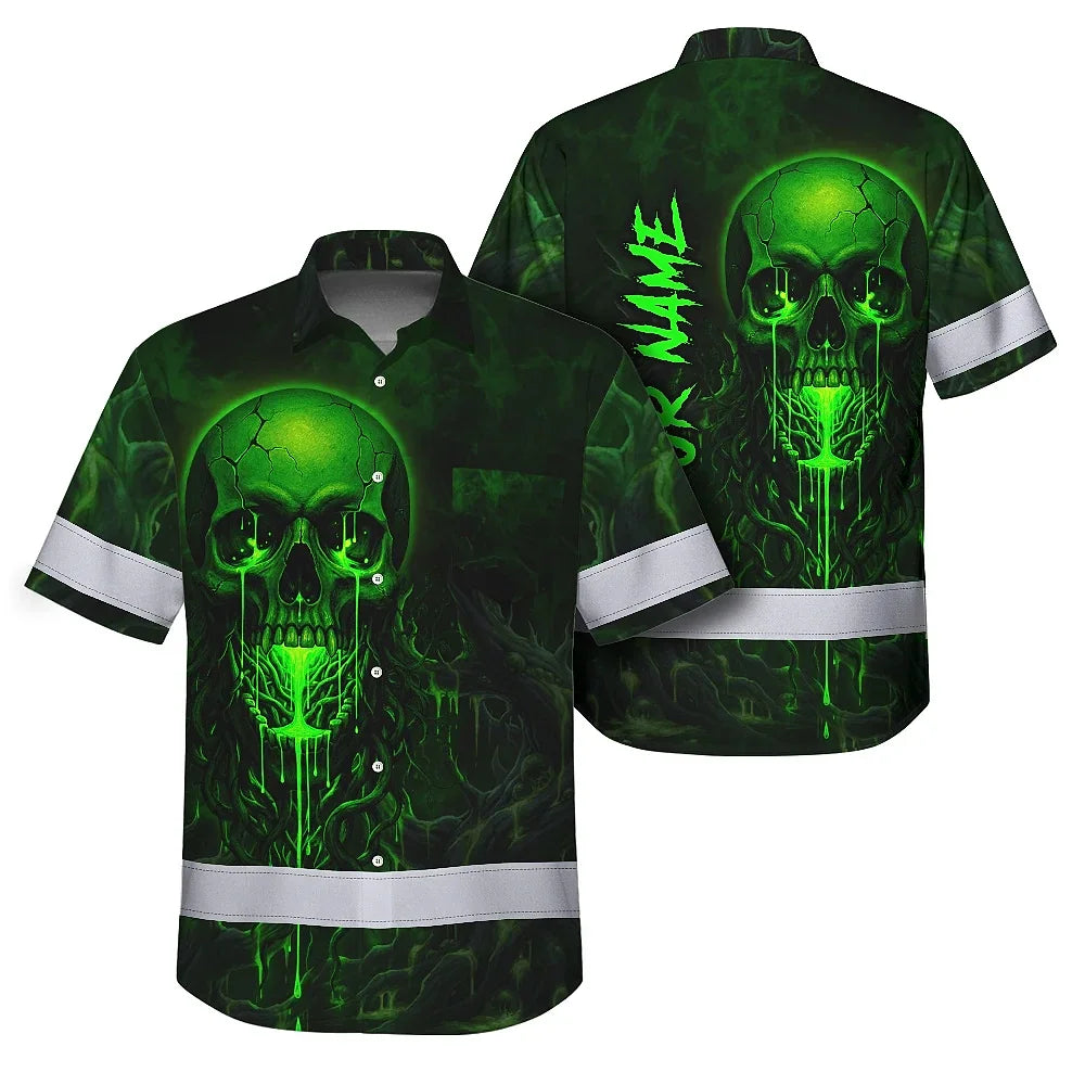 Hi Vis Hawaiian Shirt Reflective Tapes Green Neon Skull 3 Custom Name Safety Workwear For Workers, Truckers, Operators
