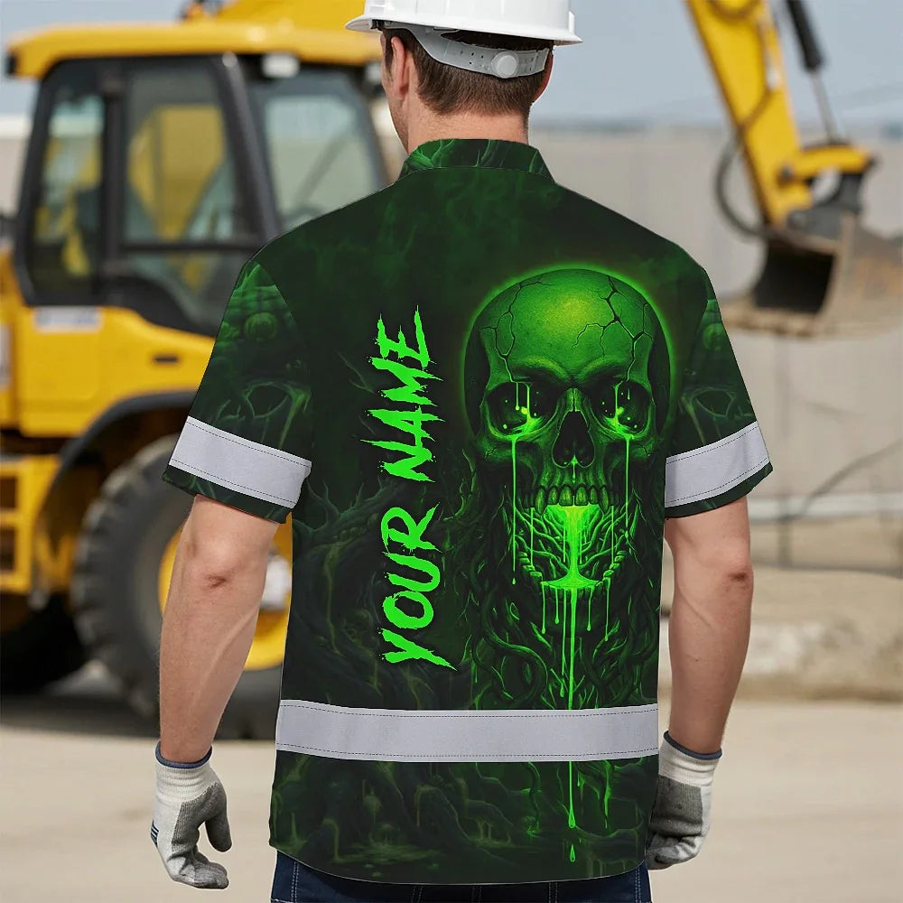 Hi Vis Hawaiian Shirt Reflective Tapes Green Neon Skull 3 Custom Name Safety Workwear For Workers, Truckers, Operators