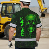 Hi Vis Hawaiian Shirt Reflective Tapes Green Neon Skull 3 Custom Name Safety Workwear For Workers, Truckers, Operators