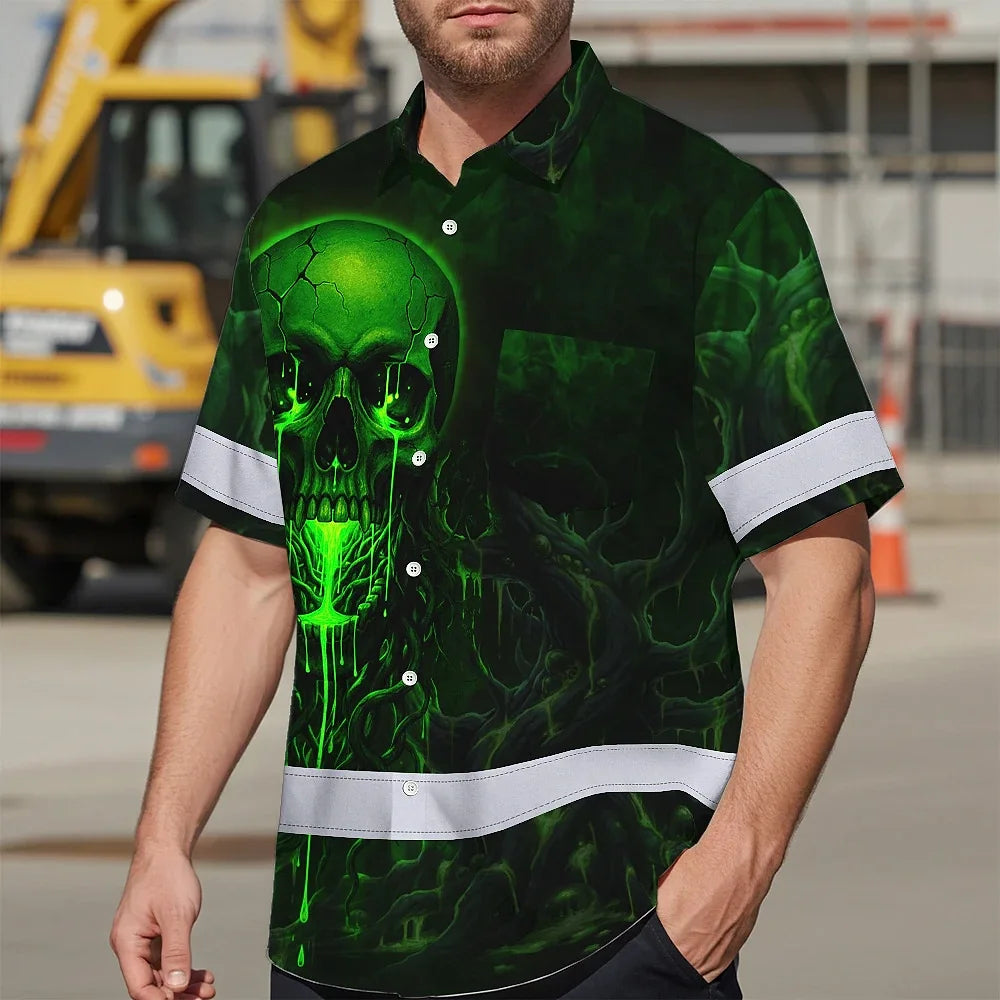 Hi Vis Hawaiian Shirt Reflective Tapes Green Neon Skull 3 Custom Name Safety Workwear For Workers, Truckers, Operators