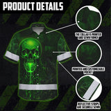 Hi Vis Hawaiian Shirt Reflective Tapes Green Neon Skull 3 Custom Name Safety Workwear For Workers, Truckers, Operators