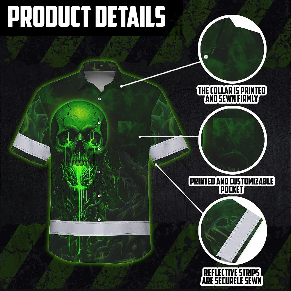 Hi Vis Hawaiian Shirt Reflective Tapes Green Neon Skull 3 Custom Name Safety Workwear For Workers, Truckers, Operators