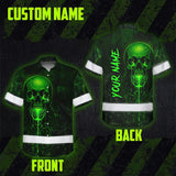 Hi Vis Hawaiian Shirt Reflective Tapes Green Neon Skull 3 Custom Name Safety Workwear For Workers, Truckers, Operators