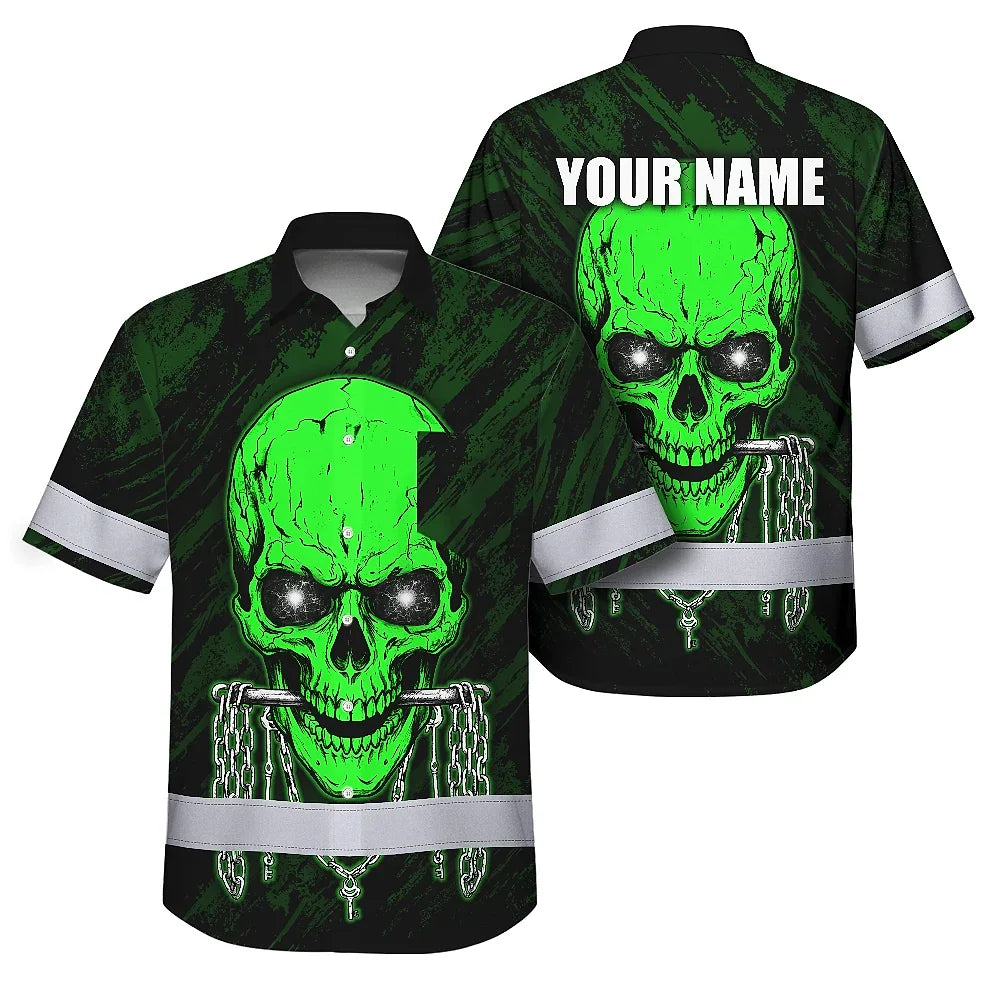 Hi Vis Hawaiian Shirt Reflective Tapes Green Neon Skull Chain Custom Name Safety Workwear For Workers, Truckers, Operators