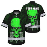 Hi Vis Hawaiian Shirt Reflective Tapes Green Neon Skull Chain Custom Name Safety Workwear For Workers, Truckers, Operators
