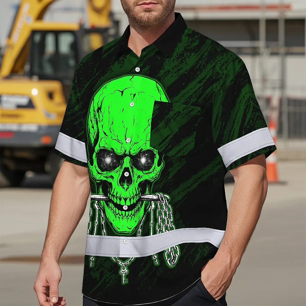 Hi Vis Hawaiian Shirt Reflective Tapes Green Neon Skull Chain Custom Name Safety Workwear For Workers, Truckers, Operators