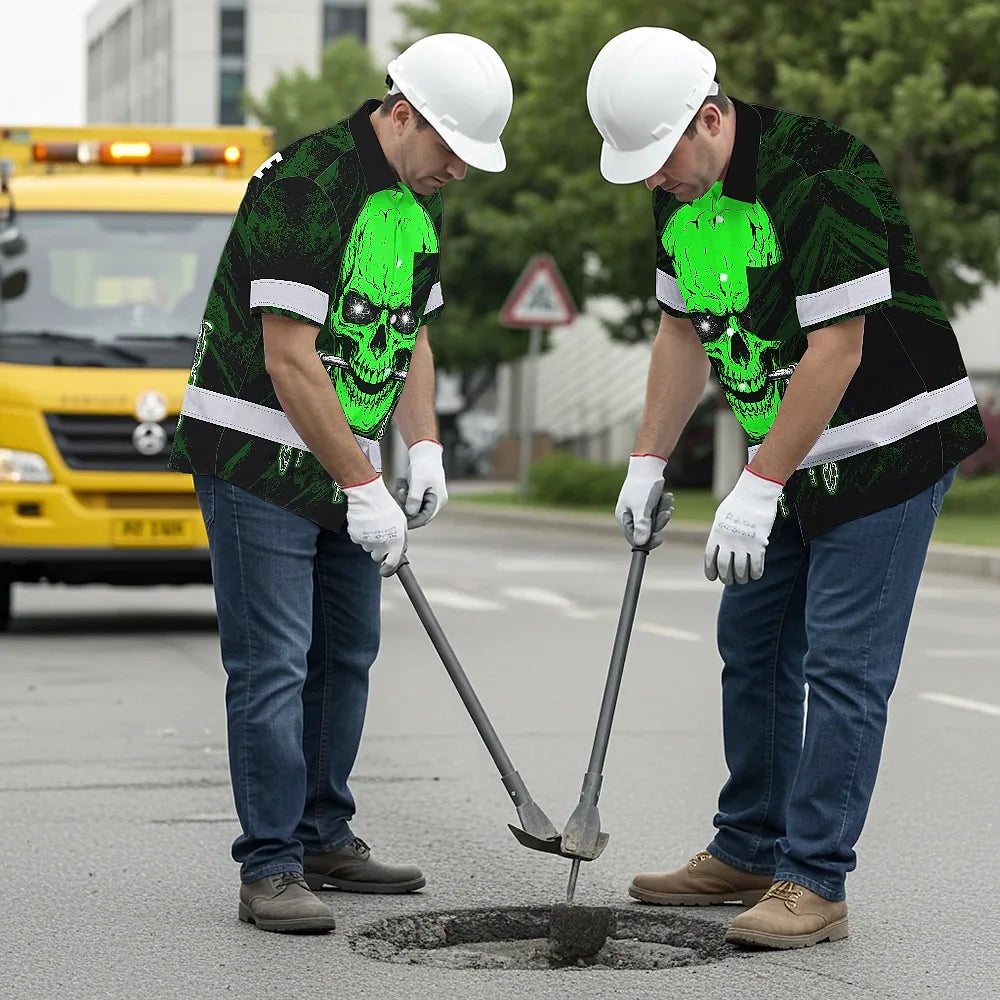 Hi Vis Hawaiian Shirt Reflective Tapes Green Neon Skull Chain Custom Name Safety Workwear For Workers, Truckers, Operators