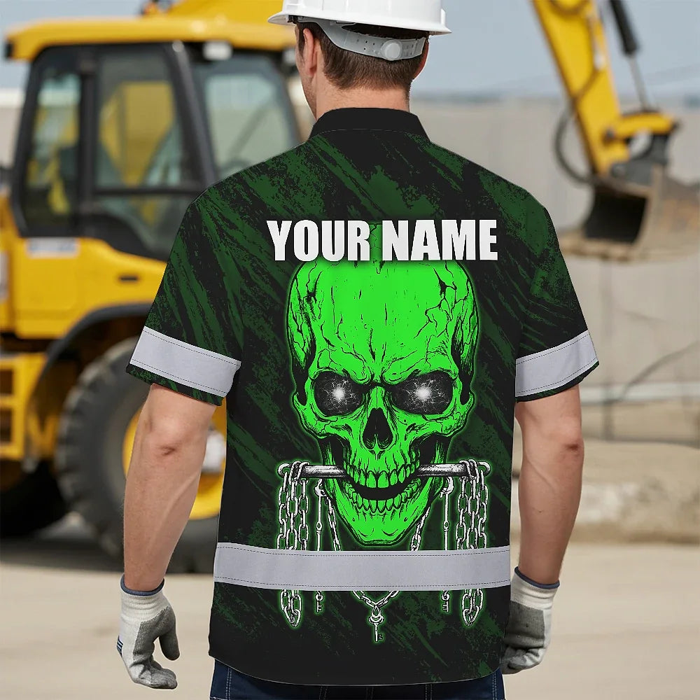 Hi Vis Hawaiian Shirt Reflective Tapes Green Neon Skull Chain Custom Name Safety Workwear For Workers, Truckers, Operators