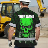 Hi Vis Hawaiian Shirt Reflective Tapes Green Neon Skull Chain Custom Name Safety Workwear For Workers, Truckers, Operators