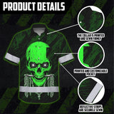 Hi Vis Hawaiian Shirt Reflective Tapes Green Neon Skull Chain Custom Name Safety Workwear For Workers, Truckers, Operators