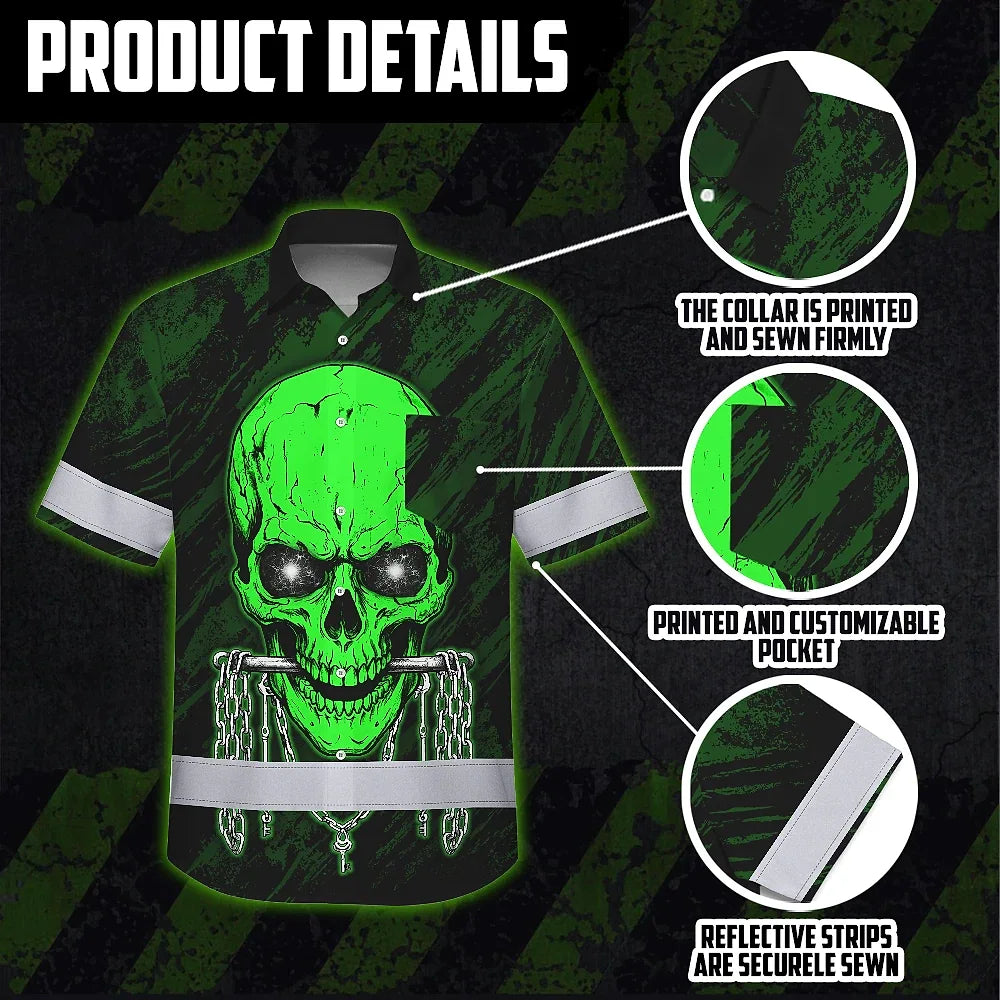 Hi Vis Hawaiian Shirt Reflective Tapes Green Neon Skull Chain Custom Name Safety Workwear For Workers, Truckers, Operators
