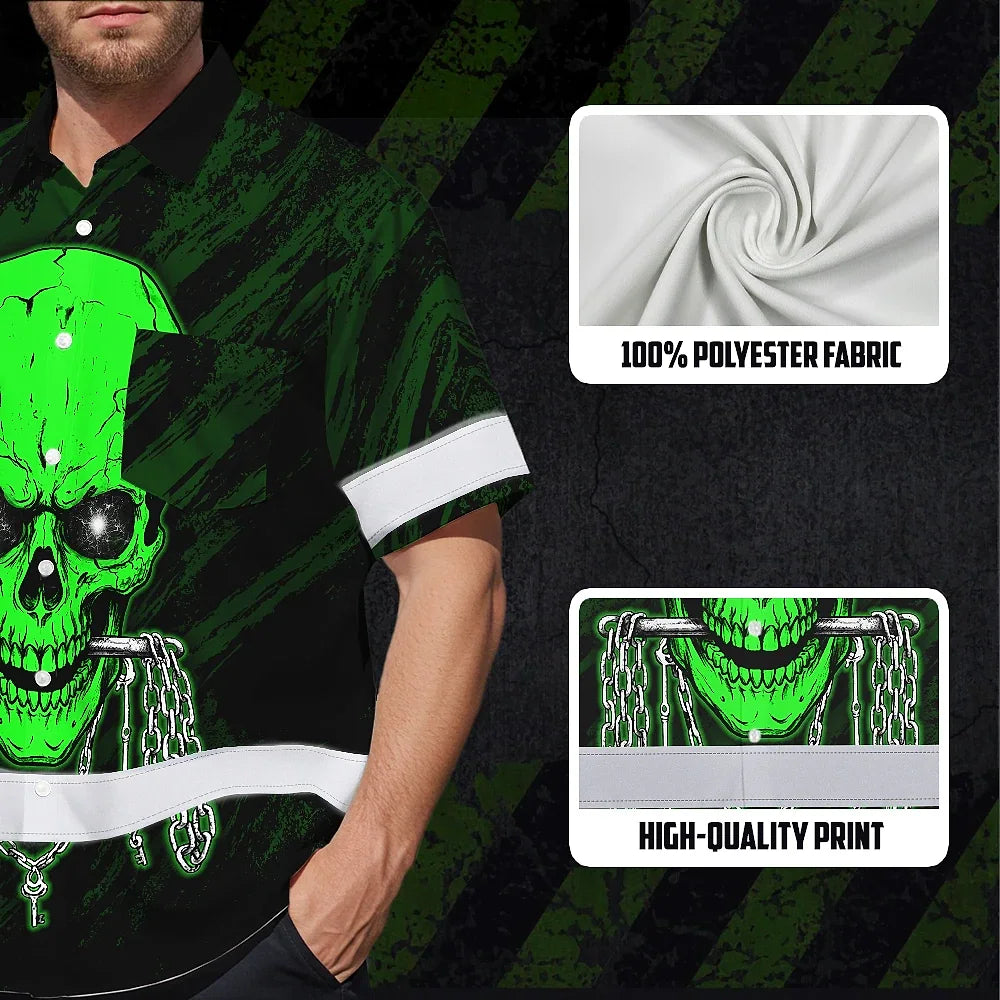 Hi Vis Hawaiian Shirt Reflective Tapes Green Neon Skull Chain Custom Name Safety Workwear For Workers, Truckers, Operators