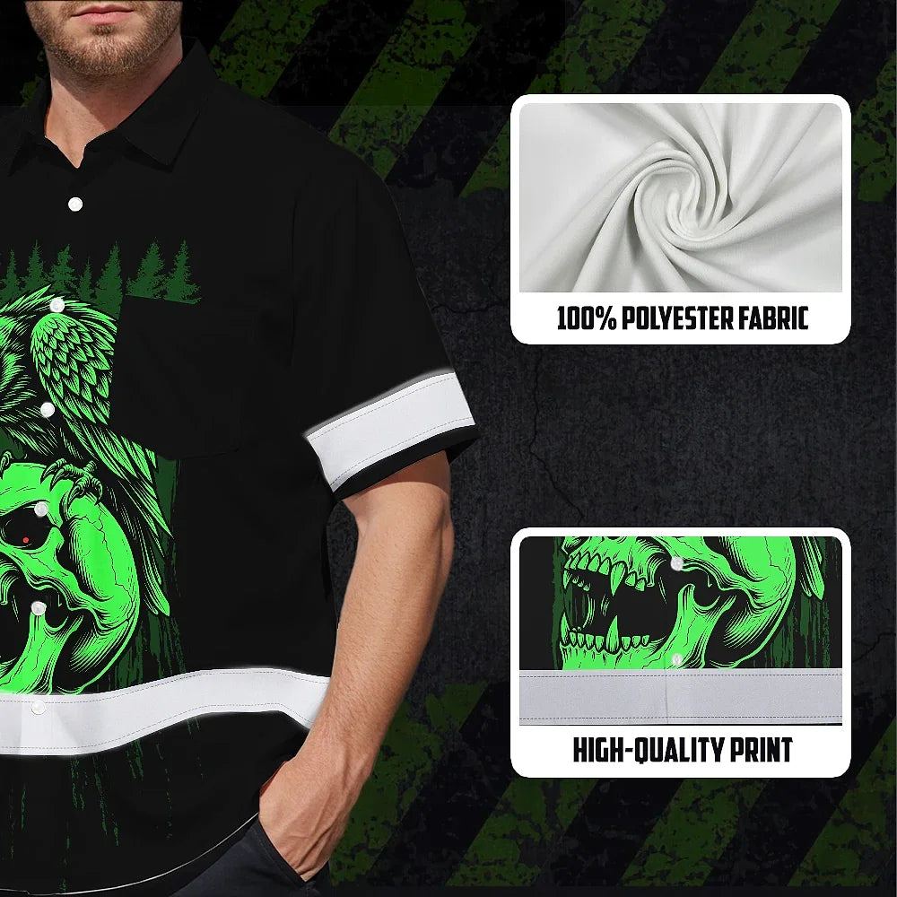 Hi Vis Hawaiian Shirt Reflective Tapes Green Neon Skull Custom Name Safety Workwear For Workers, Truckers, Operators