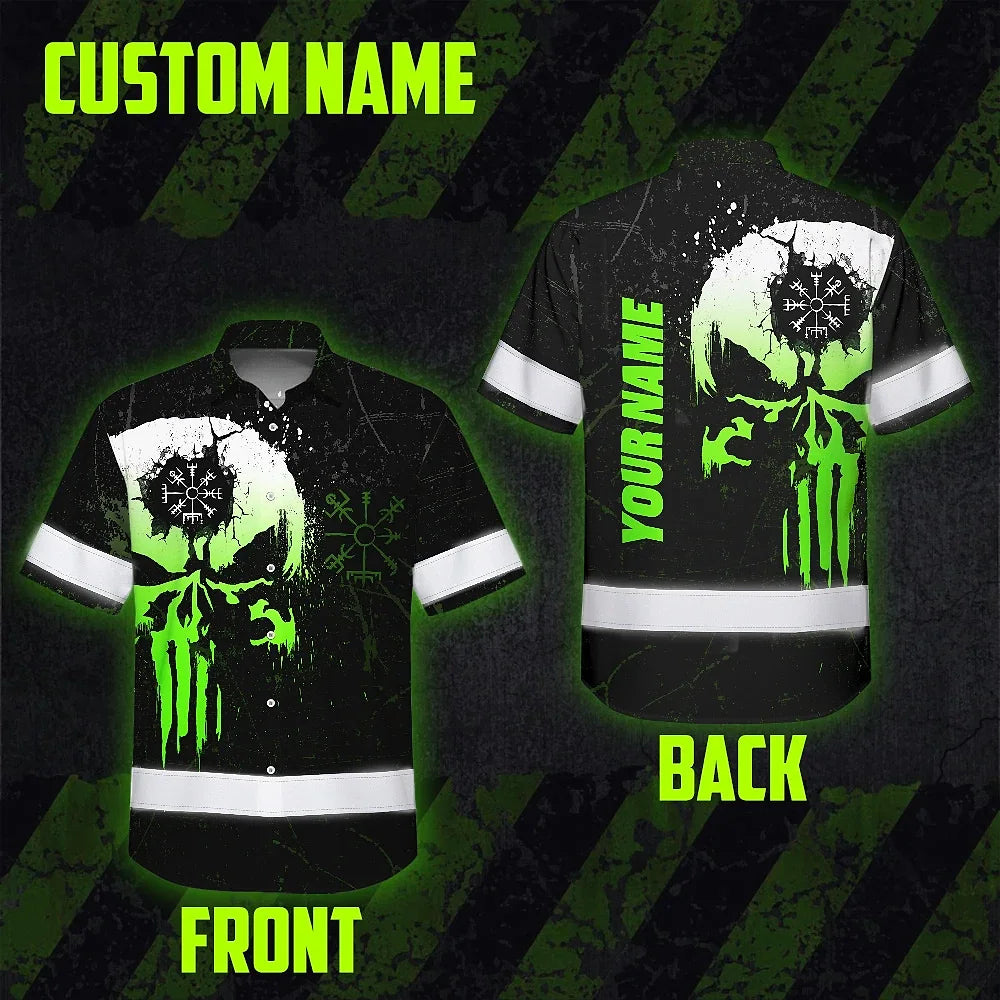 Hi Vis Hawaiian Shirt Reflective Tapes Green Neon Skull Custom Name Safety Workwear For Workers, Truckers, Operators