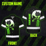 Hi Vis Hawaiian Shirt Reflective Tapes Green Neon Skull Custom Name Safety Workwear For Workers, Truckers, Operators